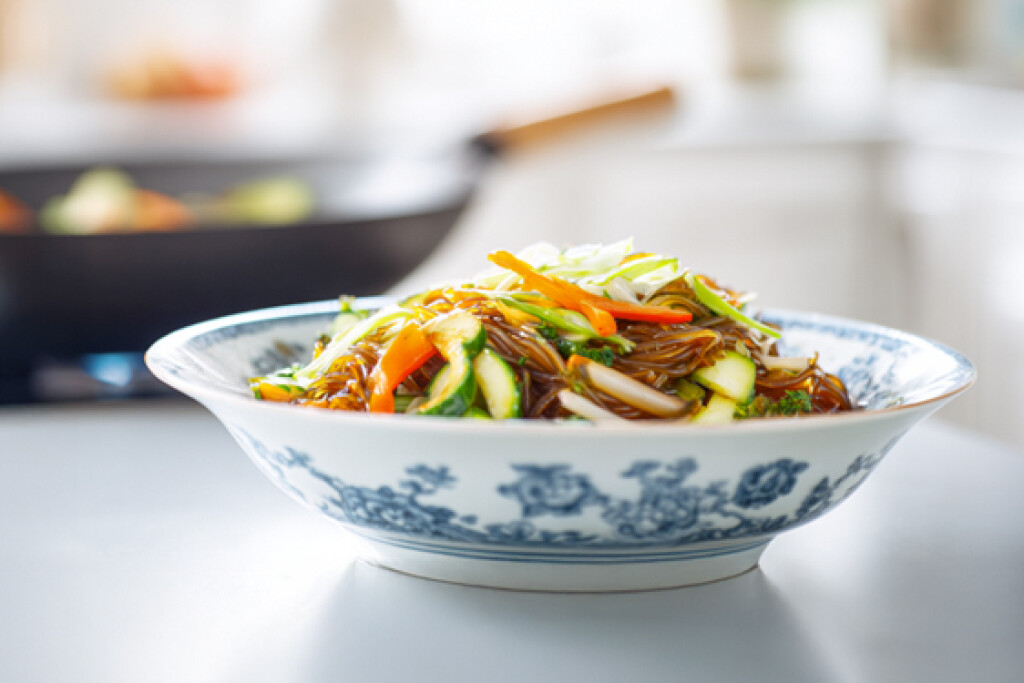 Spaghetti di riso con verdure e salsa di soia