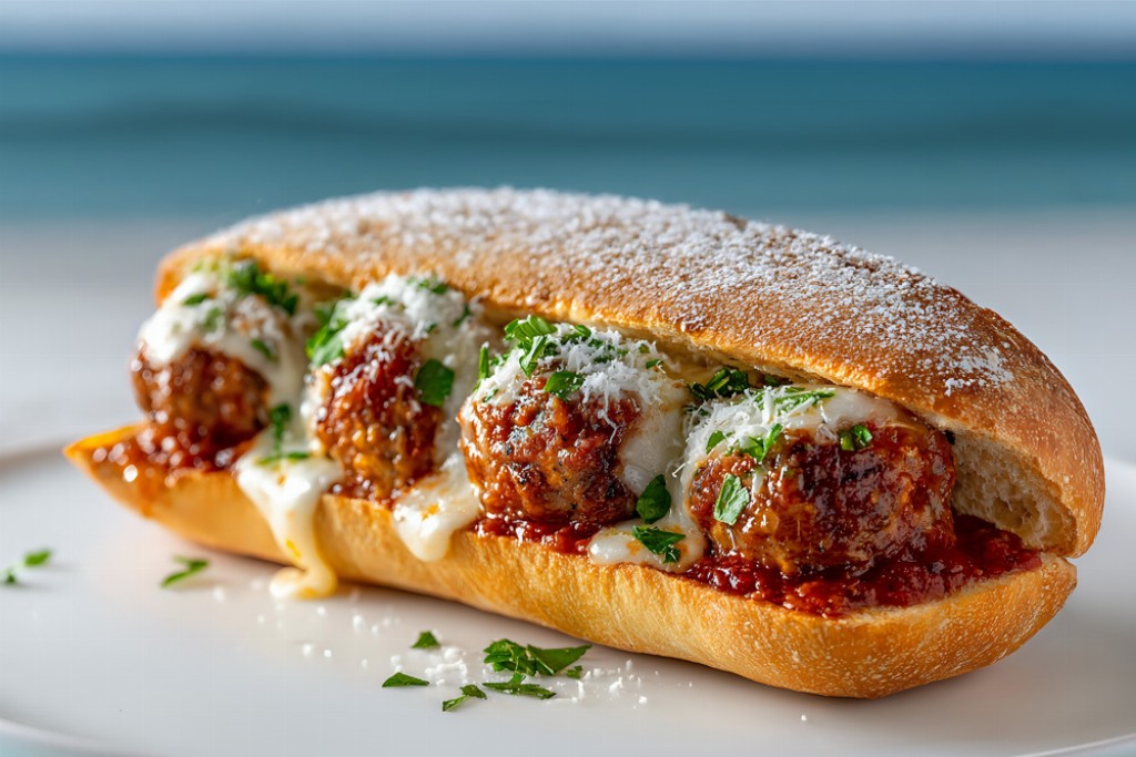 Ciabattina con polpette di carne al sugo e mozzarella