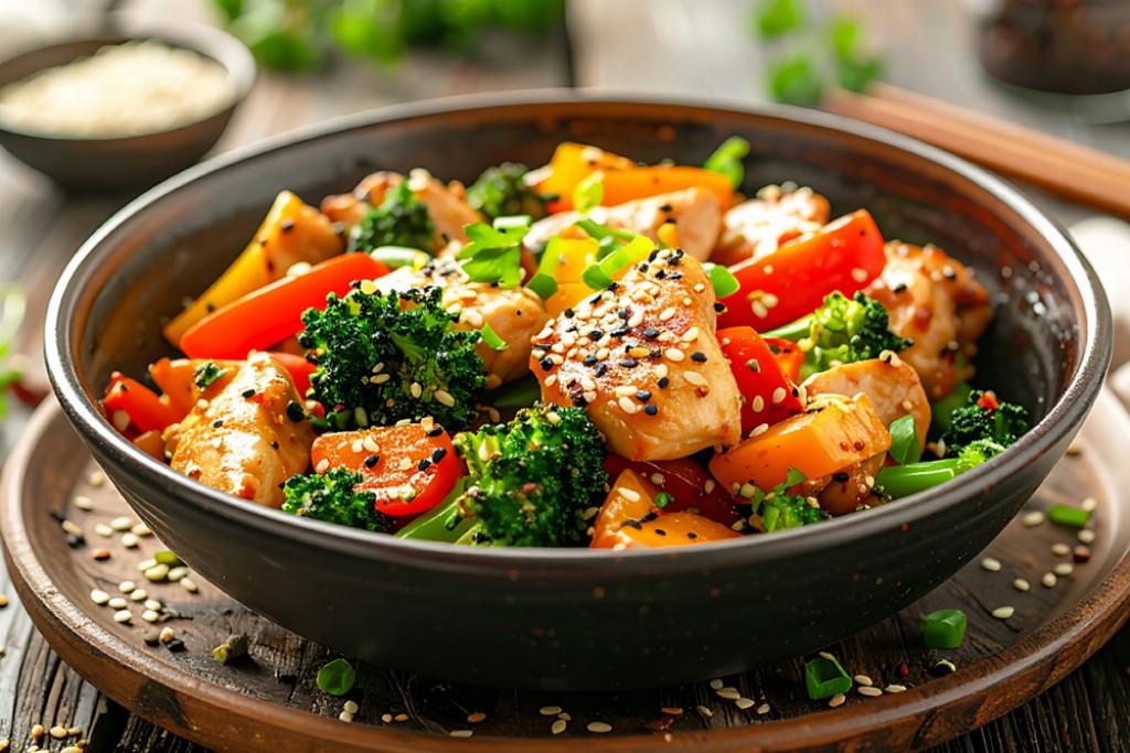Bocconcini di arista di suino con broccoli e peperoni all'orientale