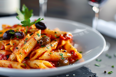 Penne al pomodoro e olive taggiasche - Penne al pomodoro e olive taggiasche