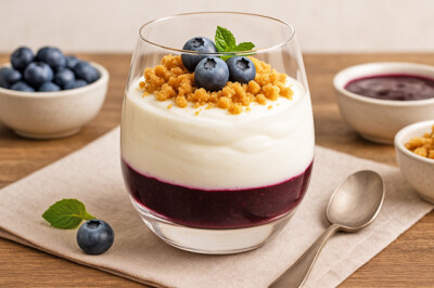 Mousse di yogurt greco con coulis di mirtilli e crumble - mousse-yogurt-greco-coulis-mirtilli-crumble-croccante